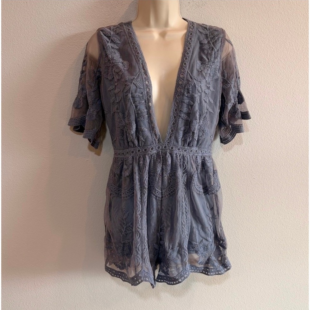 The Impeccable Pig Embroidered Lace Romper Womens XS Dusty Blue Festival Boho